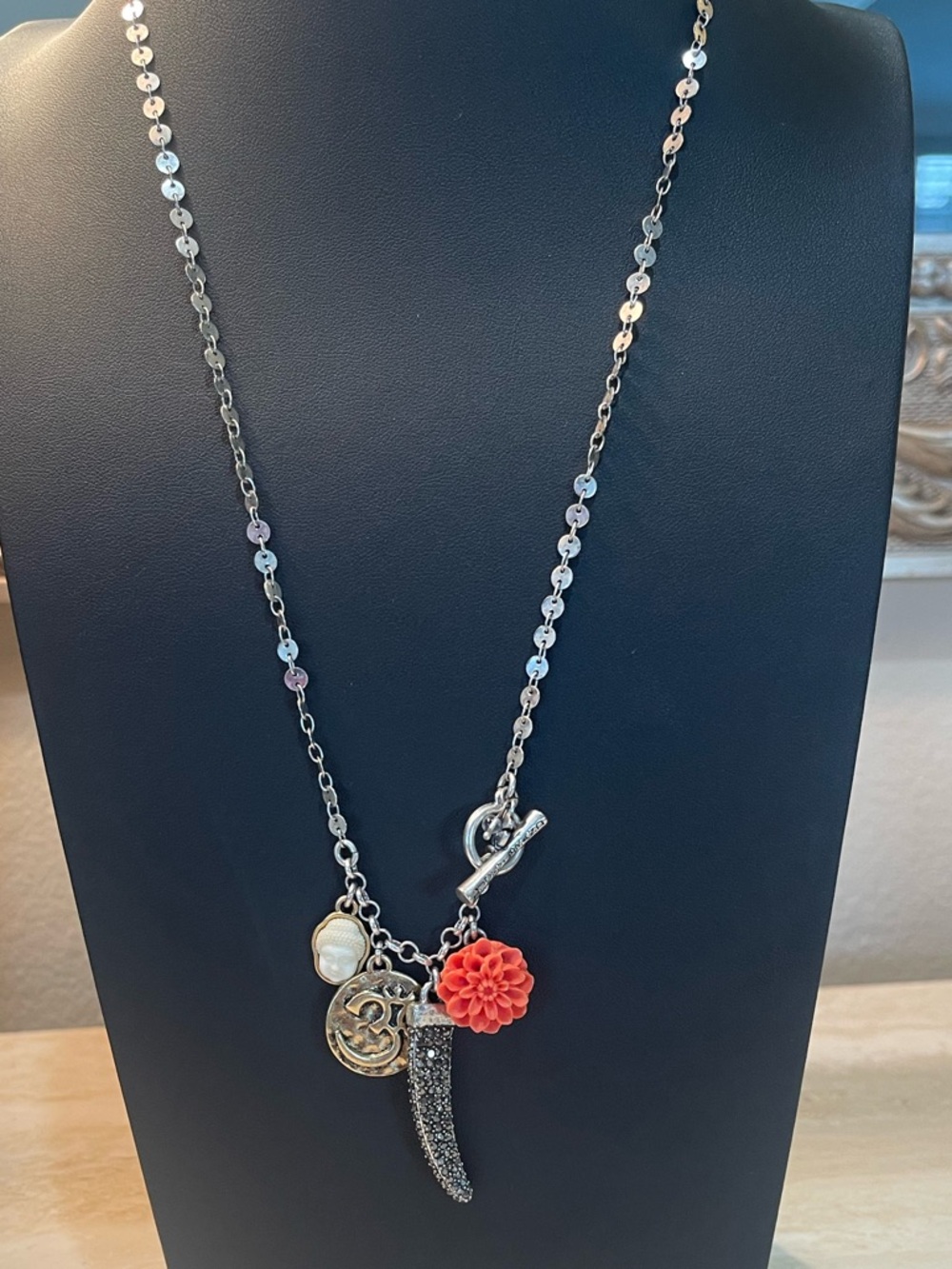 Lucky Brand Silver-Tone Necklace with Coral Flower Charm